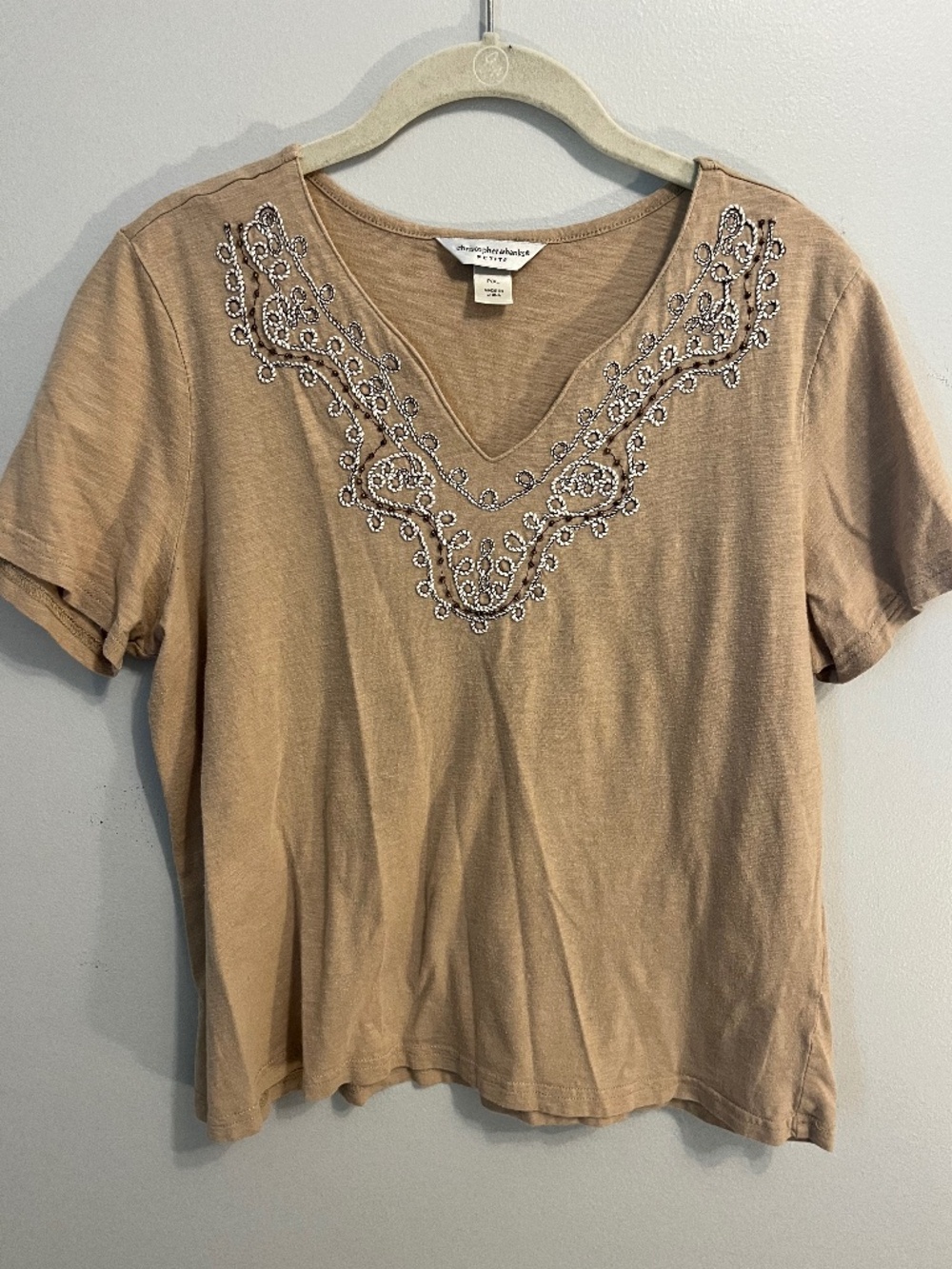 Christopher & Banks Petite Embroidered Beaded V-Neck Tee Tan Short Sleeve PXL